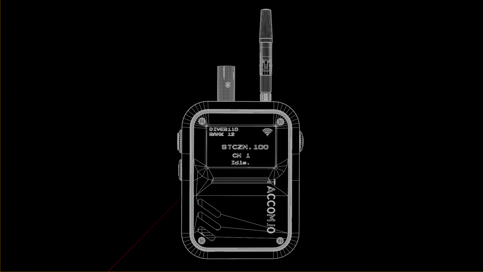 TACCOM v2 radio in low light with the screen glowing